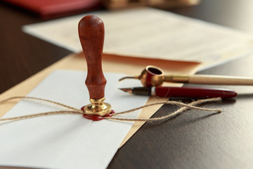 Notary's public pen and stamp on testament and last will. Notary public tools