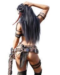 Warrior amazon woman with sword. Long dark hair. Muscular athletic body. Girl standing candid provocative aggressive pose. Conceptual fashion art. Realistic 3D rendering isolate illustration. Hi key.