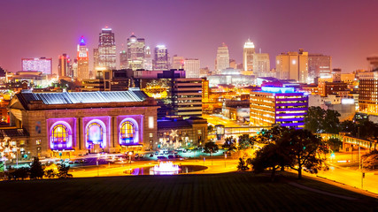 Kansas City, Missouri Skyline at Night (logos blurred)