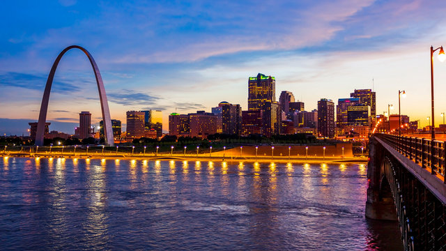 St Louis, Missouri Skyline and Gateway Arch at Night (logos removed)