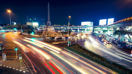 Victory Monument  Traffic at Night in Bangkok, Thailand