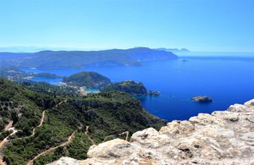 Palaiokastritsa on Corfu island. View from Angelokastro. Ionian Sea, Greece.