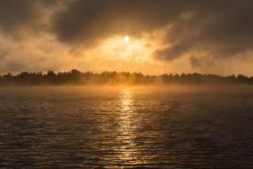 Naklejka premium dawn on the lake in the forest