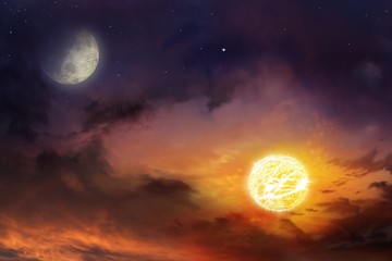 Sun in space . Moon sun and stars  .  Nebula gas cloud in outer space . Light in dark sky . beautiful cloud . View on night sky  . Moon eclipse  .Religion background .  - Powered by Adobe