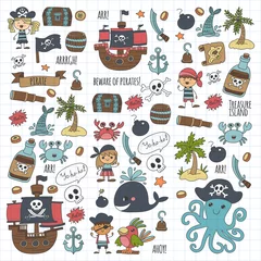 Papier Peint photo Pirates Illustration de dessin animé d& 39 enfants de pirates de vecteur Style de dessin d& 39 enfants pour la fête d& 39 enfants dans le style de pirate Octopus, bateau de pirate, marin, garçon, fille, île au trésor
