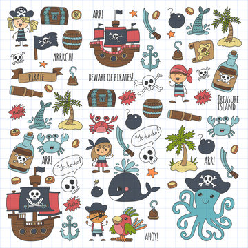 Vector pirates Children cartoon illustration Kids drawing style for kids party in pirate style Octopus, pirate ship, sailor, boy, girl, treasure island