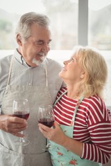 Smiling senior couple holding wine glass in kitchen