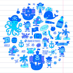 Vector pirates Children cartoon illustration Kids drawing style for kids party in pirate style Octopus, pirate ship, sailor, boy, girl, treasure island