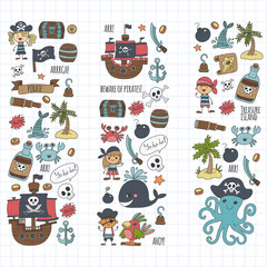 Vector pirates Children cartoon illustration Kids drawing style for kids party in pirate style Octopus, pirate ship, sailor, boy, girl, treasure island