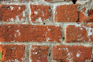 high quality texture of oldest red brick masonry with white cement mortar closeup