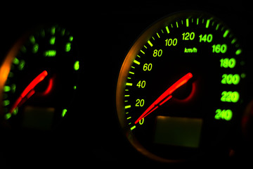 Close up shot of a speedometer in a car