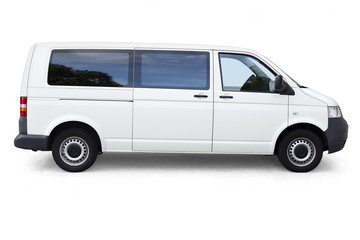 White van with windows on white background isolated with clipping path. White dropping shadow minivan on white
