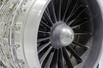 Close up of a turbofan jet engine in modern airplane