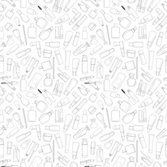 Seamless pattern with cosmetics. Lipsticks, mascara, cream Illustration of a sketch style.