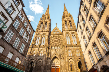 View on the famous cathedral during the sunset in Clermont-Ferrand city in France