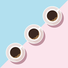 Morning coffee. Cups of black coffee on blue and pink background. Top view. Vector illustration.