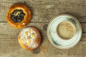 Homemade cake and hot coffee. Home Breakfast. Sweet snack.
