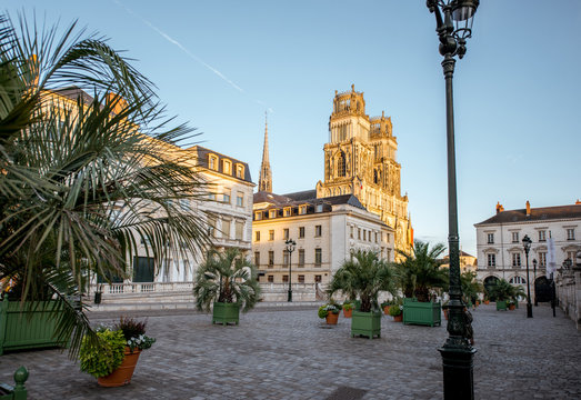 Sunset view on the old town with saint Croix cathedral in Orleans city in France