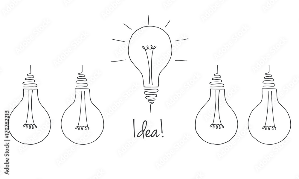 Poster set of different light bulbs. the symbol of the idea. vector illustration in a sketch style.
