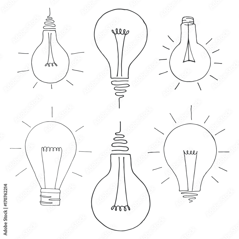 Poster set of different light bulbs. the symbol of the idea. vector illustration in a sketch style.