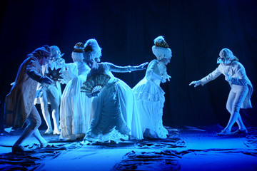 actors and Actresses dancing in white period costumes