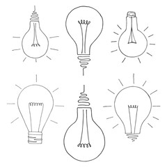 Set of different light bulbs. The symbol of the idea. Vector illustration in a sketch style.
