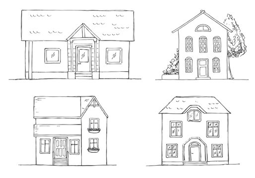 Set of different houses. Vector illustration in a sketch style.