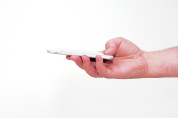 Smartphone in hand, bezel less modern design. white version