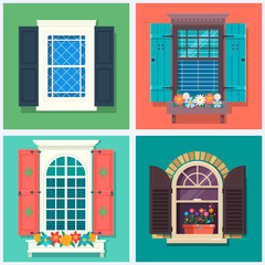 Set of detailed various colorful windows with windowsills, shutters, curtains, and flowerspot Vector illustration