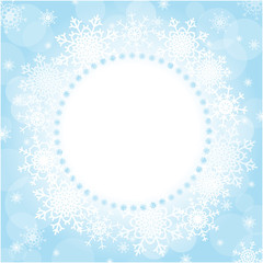 Winter Christmas blue round frame card of snowflakes design template with an empty space for your text.