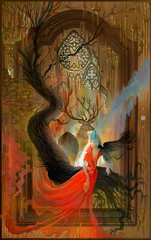 Celtic fantasy. Oil painting on wood. Portrait of beautiful fairy with deer in the fantastic Breton environment.  © nataljacernecka