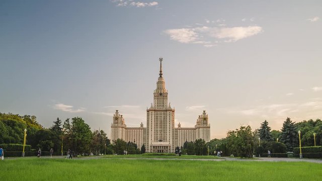 Beautiful sunset timelapse of MSU Moscow State University at summer time. Stalin skyscraper. The concept of education in Russia. Campus.