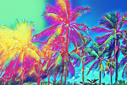 Tropical landscape with palm trees. Tropical nature neon digital illustration.