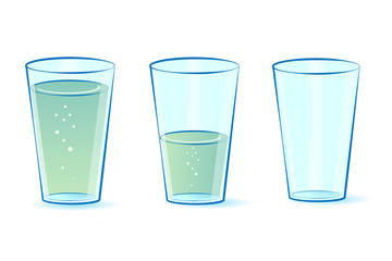 Glasses set for water. Glasses: full, empty, half-filled with water.