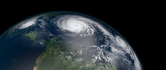 Extremely detailed and realistic high resolution 3d illustration of 3 hurricanes approaching the Caribbean Islands and Florida. Shot from Space. Elements of this image are furnished by Nasa.