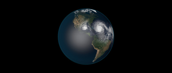 Fototapeta na wymiar Extremely detailed and realistic high resolution 3d illustration of 3 hurricanes approaching the Caribbean Islands and Florida. Shot from Space. Elements of this image are furnished by Nasa.