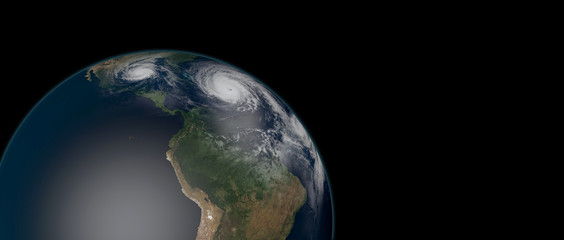 Extremely detailed and realistic high resolution 3d illustration of 3 hurricanes approaching the Caribbean Islands and Florida. Shot from Space. Elements of this image are furnished by Nasa.