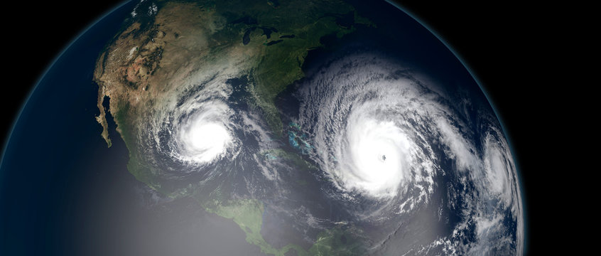 Extremely detailed and realistic high resolution 3d illustration of 3 hurricanes approaching the Caribbean Islands and Florida. Shot from Space. Elements of this image are furnished by Nasa.