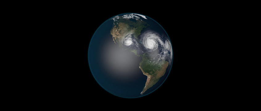 Extremely detailed and realistic high resolution 3d illustration of 3 hurricanes approaching the Caribbean Islands and Florida. Shot from Space. Elements of this image are furnished by Nasa.