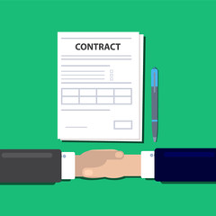 Businessmen's handshake concept of agreement to sign a contract. Trendy flat design with shadow, top view. Illsutration