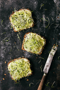 Healthy onion sprout and butter bruschetta breakfast