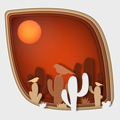 Paper art carve to bird on tree branch in forest at night, origami concept nature and animals idea, vector art and illustration.