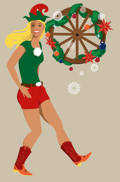 Young woman in Christmas elf hat and country western boots, decorated wagon wheel on the background, EPS 8 vector illustration