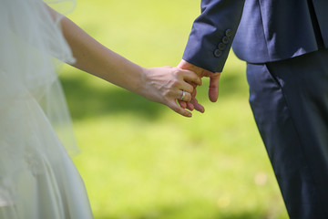 Bride and groom holding hands