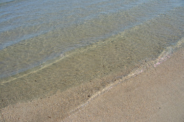 crystal clear water on the shore of a sandy beach on a sunny day