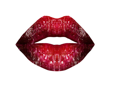 Red Lips Isolated On White Background With Glossy Satined Glitter. Women's Lips With Brilliant Shiny Bright Lipstick. Female Sexy Mouth With Red Lip. Open Mouth Background. Sexy Erotic Glamour Kiss