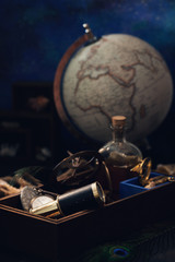 Adventure concept with retro traveling and sailing accessories