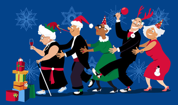 Group of active seniors dancing conga line at Christmas or New Year party, EPS 8 vector illustration