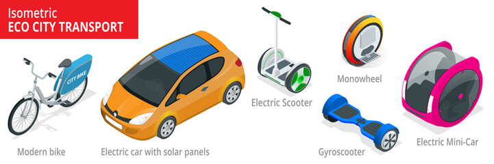 Isometric set of Alternative Eco Transport isolated on a background. Modern bike, electric car with solar panels, electric scooter, gyroscooter, monowheel, electric mini car © Golden Sikorka