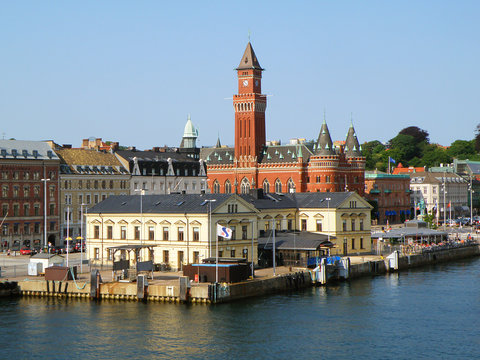Stunning Helsingborg City Hall( Radhuset ) and Helsingborg Harbour View from the Ferry, Helsingborg, Sweden